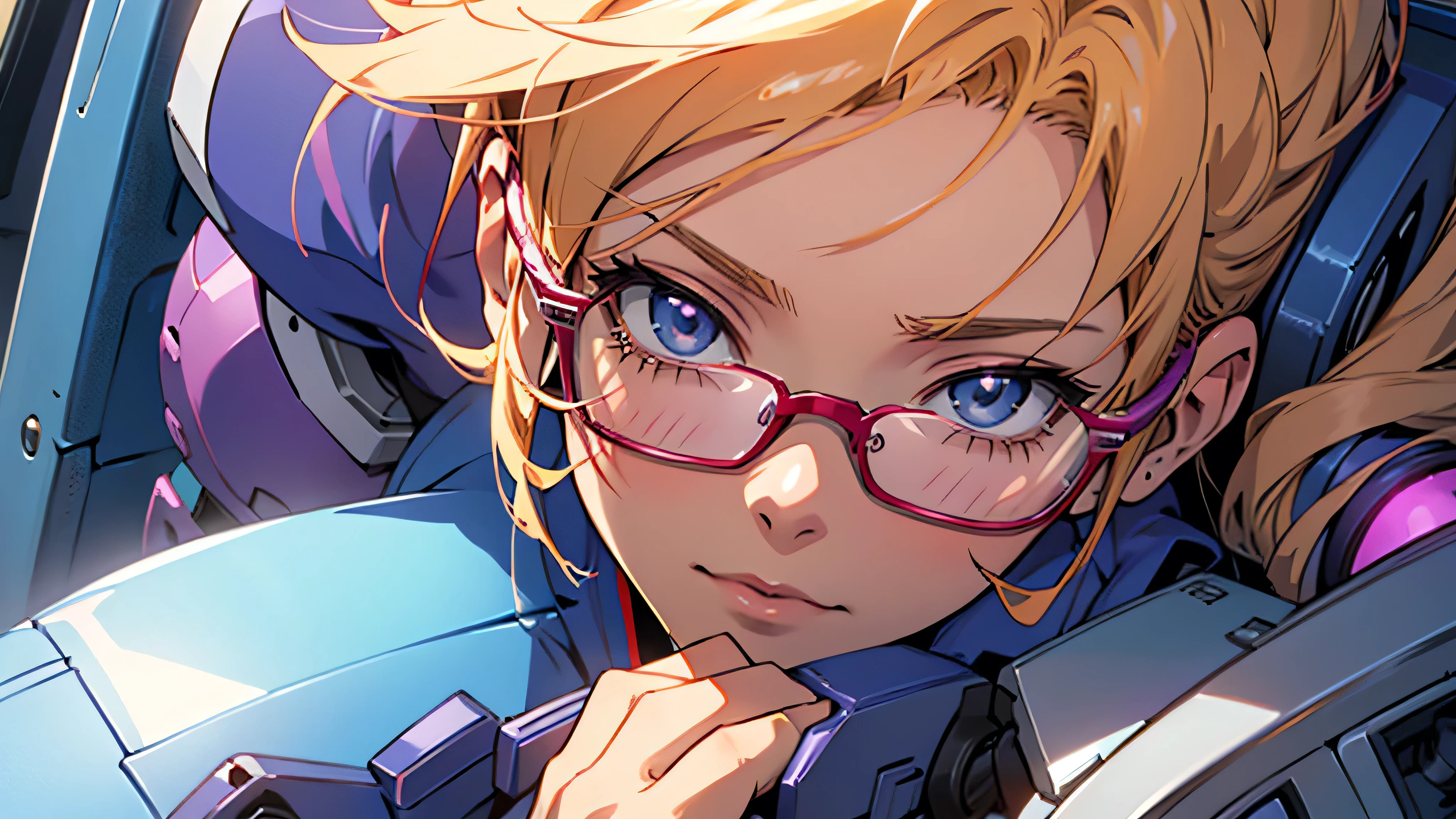 anime,An illustration,purple robot,Mobile Suit,Dom,Light blue check dress,Red glasses,Blonde,Light blue mesh hair,beautiful girl,Sora Sakurano,One person