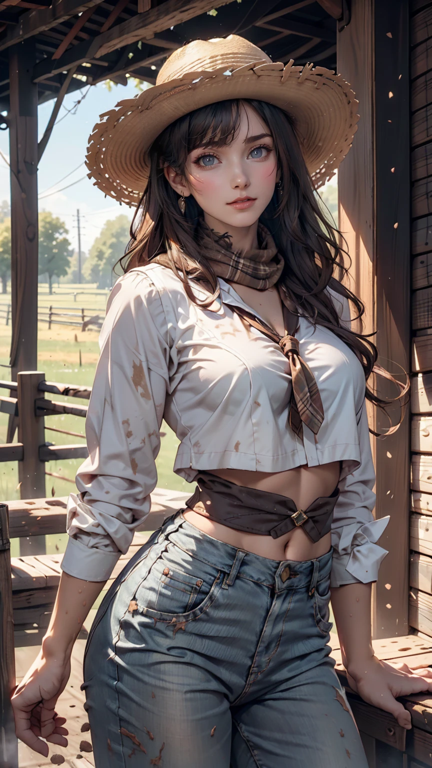 Portrait of a beautiful woman on a muddy farm:1.2 , Cowboy hat, Fringed waistcoat , pants, scarf , confidence , Mid-chest,Sexy proportions、Sexy、Narrow waist、Long eyelashes