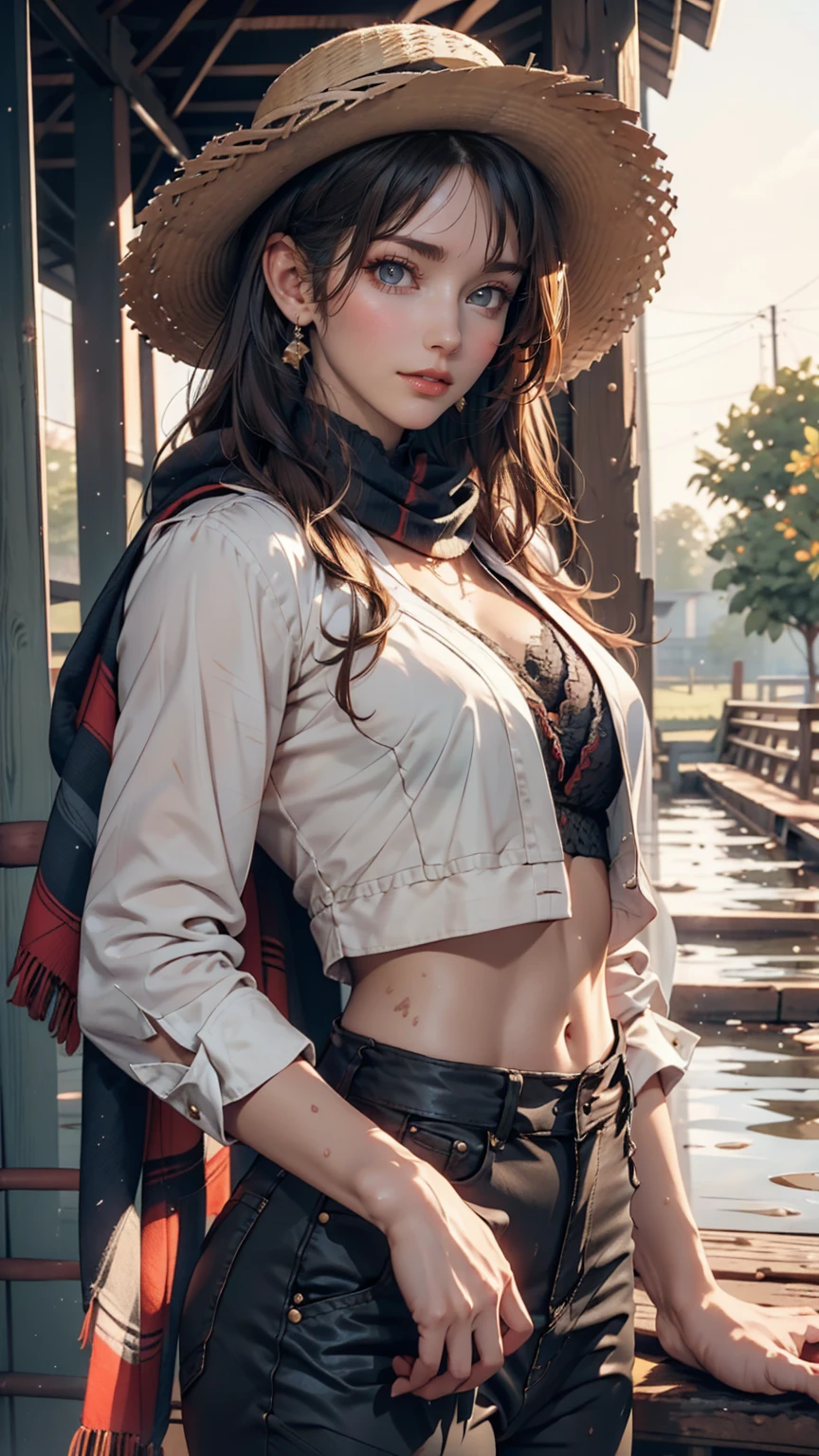 Portrait of a beautiful woman on a muddy farm:1.2 , Cowboy hat, Fringed waistcoat , pants, scarf , confidence , Mid-chest,Sexy proportions、Sexy、Narrow waist、Long eyelashes