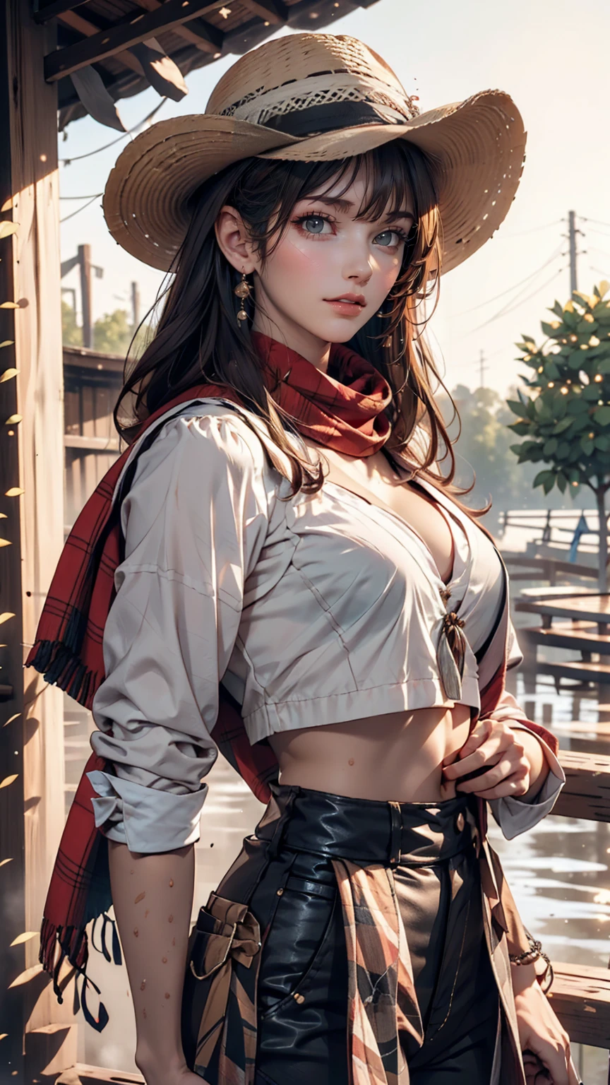 Portrait of a beautiful woman on a muddy farm:1.2 , Cowboy hat, Fringed waistcoat , pants, scarf , confidence , Mid-chest,Sexy proportions、Sexy、Narrow waist、Long eyelashes