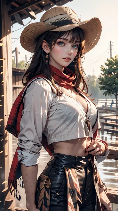 portrait of a beautiful woman on a muddy farm:1.2 , cowboy hat, fringed waistcoat , pants, scarf , confidence , mid-chest,sexy p...