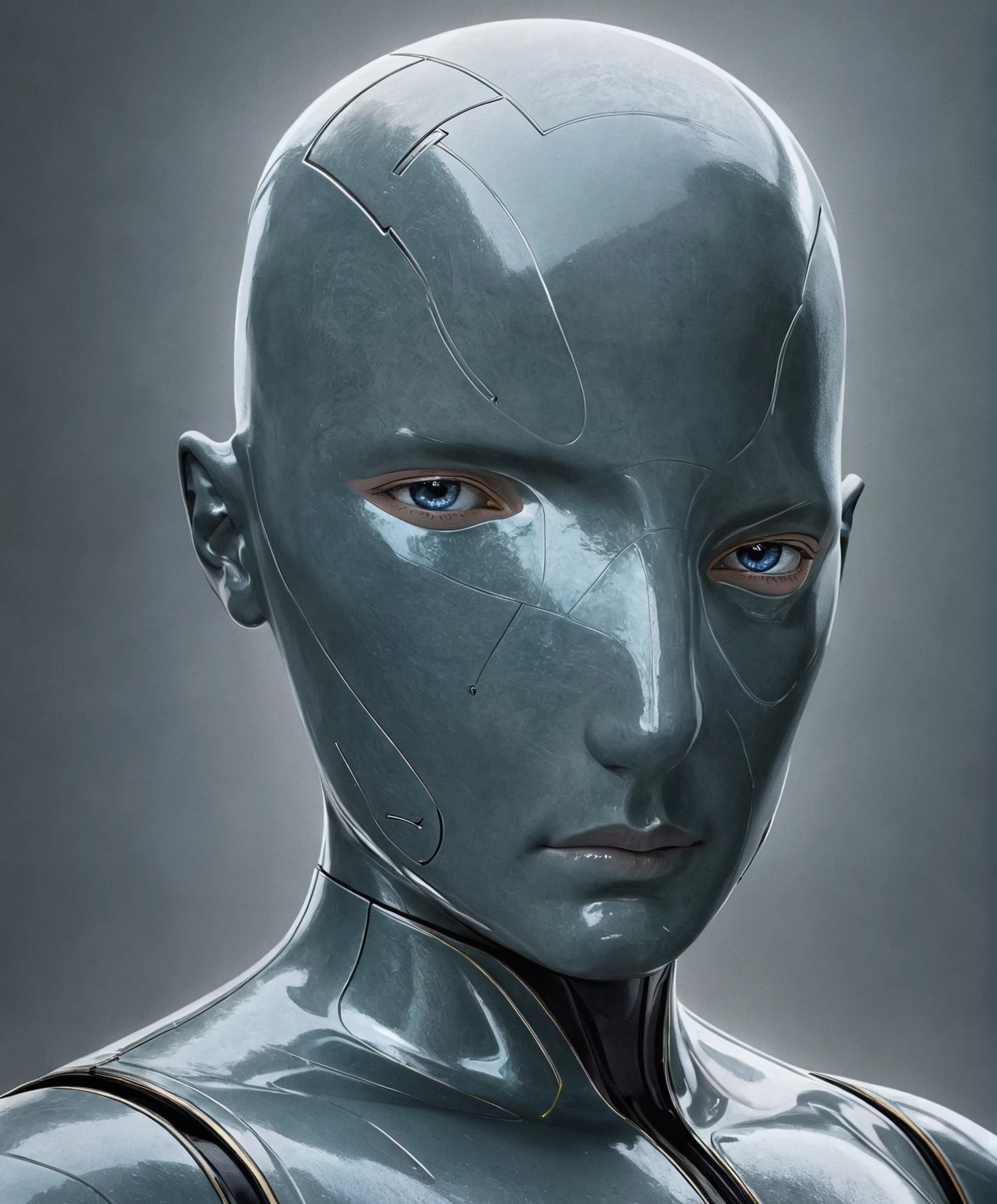 1 futuristic bald man, plano americano , without any facial features, It seems that his face is lined with some type of texture, (ntf image), digital human