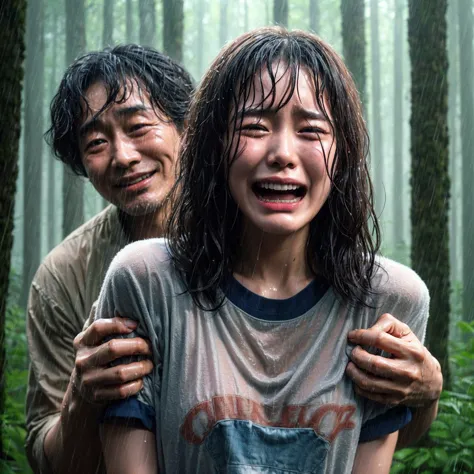 "a beautiful 17-year-old korean woman, crying, caught in the rain with wet clothes, wearing a t-shirt, wavy bob hair, being grab...