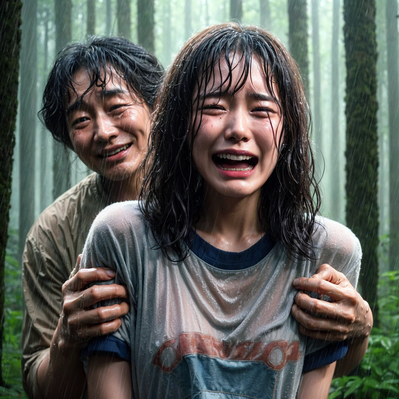 "A beautiful 17-year-old Korean woman, crying, caught in the rain with wet clothes, wearing a t-shirt, wavy bob hair, being grabbed from behind by a 40-year-old Indonesian man with a creepy smile. The background shows a forest scene with tall trees, realistic."