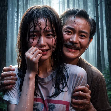 "A beautiful 17-year-old Korean woman, crying, caught in the rain with wet clothes, wearing a t-shirt, wavy bob hair, being grab...