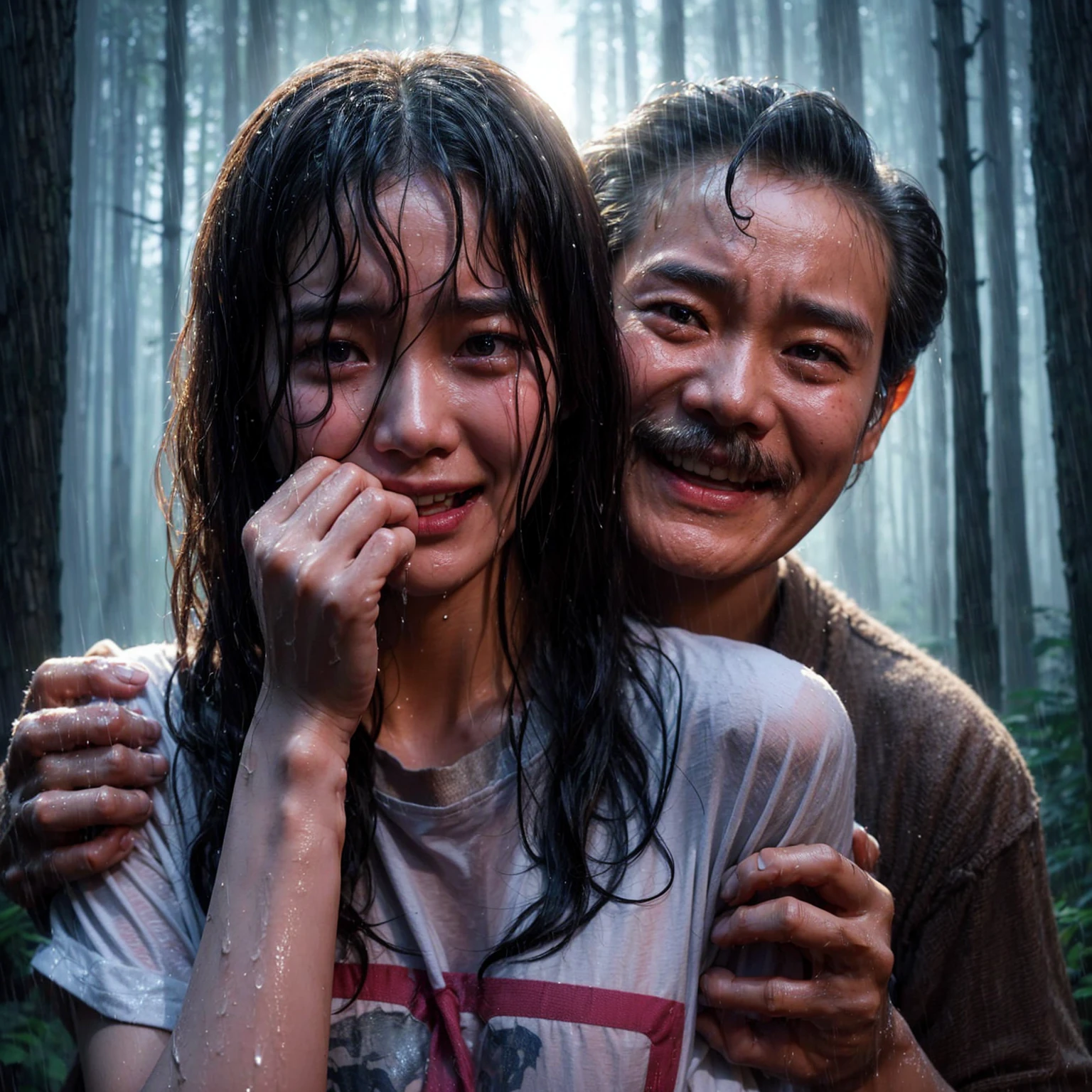 "A beautiful 17-year-old Korean woman, crying, caught in the rain with wet clothes, wearing a t-shirt, wavy bob hair, being grabbed from behind by a 40-year-old Indonesian man with a creepy smile. The background shows a forest scene with tall trees, realistic."