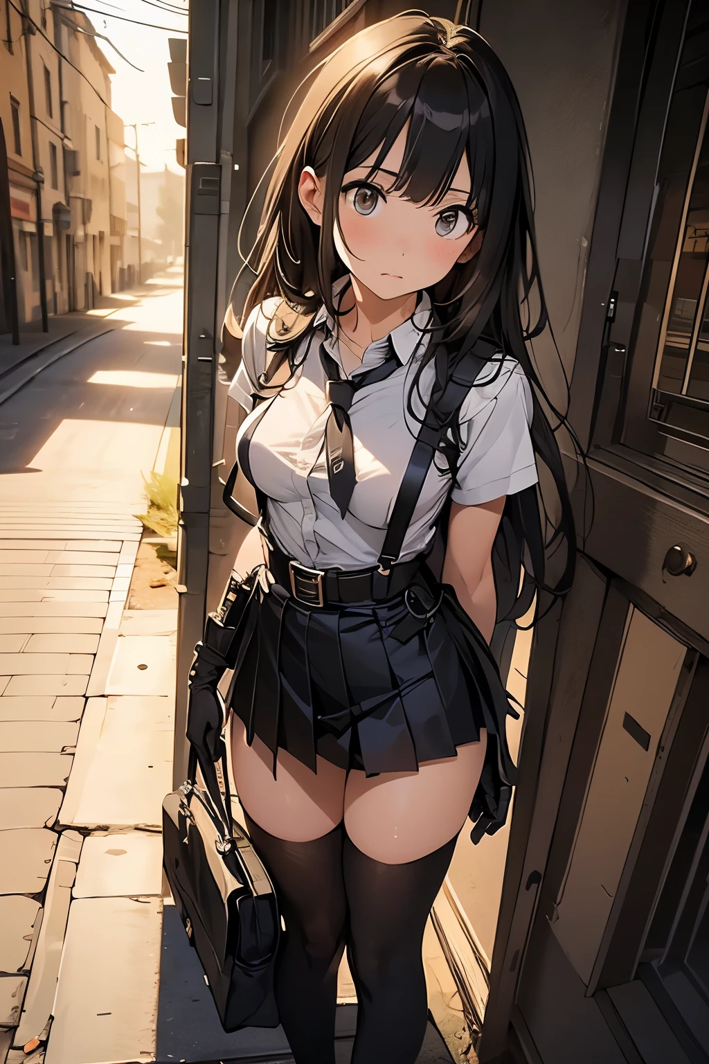 high quality, masterpiece, Ultra-high resolution, (realism: 1.4), Oil painting style, Cinema Lighting, , I stood on the empty asphalt road and looked at it., And the suspenders with the cranes flying　　Large Breasts　 　 　　　　Small face　 　　　holster　　　　　　　 Lying in bed　Looking up　　　　Sweat 　　　belt　summer　脇Sweat 　Black Hole Gloves　suit　　　　 mini skirt　garterbelt　Leg Links　ズボンにbelt　　holster　 　　Hands behind your back　 Anxious expression　Looking up　Anxious face　Knee-high　Knee socks　Knee-highソックス garterbelt　garter　ふとももにgarterbelt