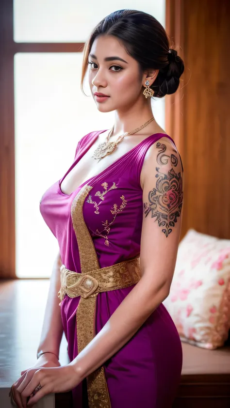 a beautiful girl, detailed body tattoos, wearing kebaya dress, beautiful detailed eyes, baby face, cute girl, big breasts, earri...