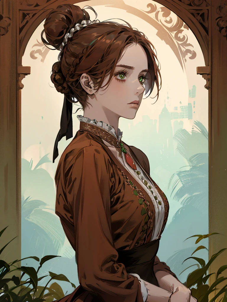 Один, , цифровая картина женщины с волосами, завязанными в пучок, каштановые рыжие волосы, зеленые глаза, молодая дворянка 1800-х годов , спокойное лицо, Вытянутое лицо, смотрит вниз, темно-красное платье, закрытая одежда, украшения на голову вокруг волос в портретном стиле, глядя, в красивом и зеленом саду