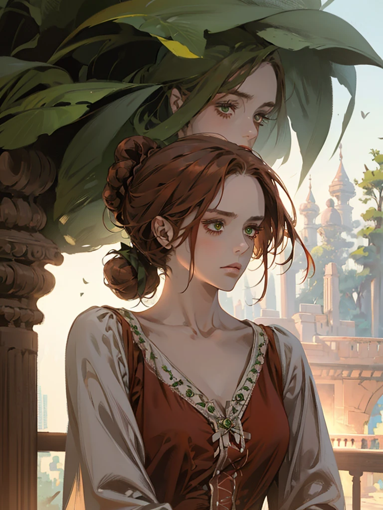 1つ, , 髪を束ねた女性のデジタル絵画, 茶色の赤毛, 緑の目, 1800年代の若い貴族の女性 , 穏やかな顔, 長い顔, 見下ろす, 濃い赤のドレス, 閉じた衣服, 頭髪の周りの装飾肖像画スタイル, 目をそらす, 美しく緑豊かな庭園で