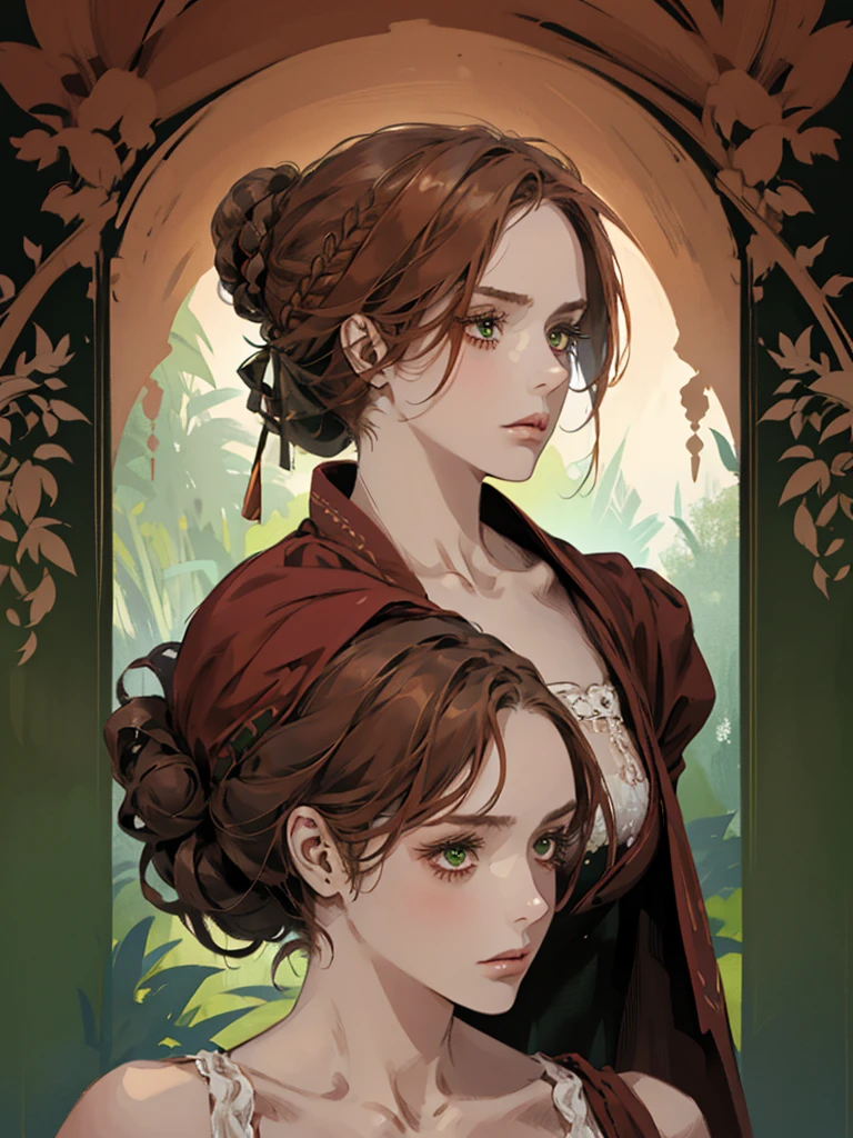 Один, , цифровая картина женщины с волосами, завязанными в пучок, каштановые рыжие волосы, зеленые глаза, молодая дворянка 1800-х годов , спокойное лицо, Вытянутое лицо, смотрит вниз, темно-красное платье, закрытая одежда, украшения на голову вокруг волос в портретном стиле, глядя, в красивом и зеленом саду