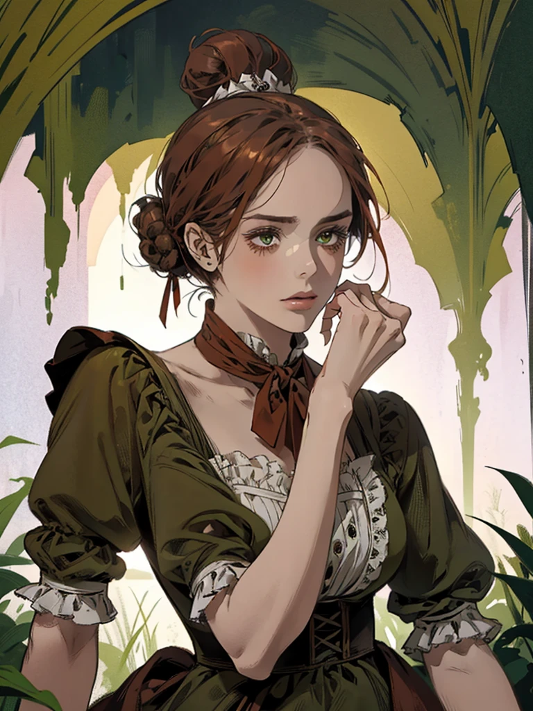 1つ, , 髪を束ねた女性のデジタル絵画, 茶色の赤毛, 緑の目, 1800年代の若いメイド , 穏やかな顔, 長い顔, 見下ろす, 濃い赤のドレス, 閉じた衣服, ヘッドスカーフ,  ポートレートスタイル, 目をそらす, 美しく緑豊かな庭園で