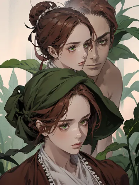 one, lonely, digital painting of a woman with her hair tied up in a bun, Brown red hair, green eyes, young maid from the 1800s ,...