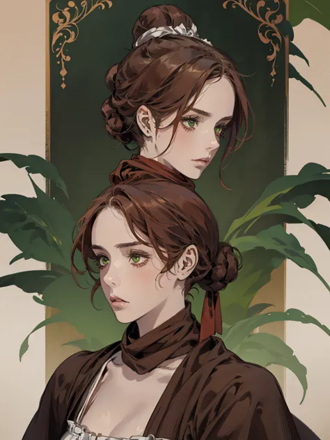 one, lonely, digital painting of a woman with her hair tied up in a bun, Brown red hair, green eyes, young maid from the 1800s ,...