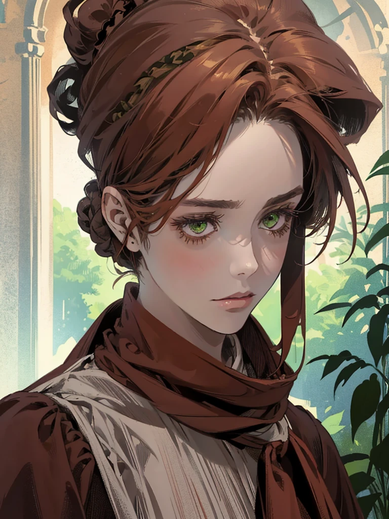 Один, , цифровая картина женщины с волосами, завязанными в пучок, каштановые рыжие волосы, зеленые глаза, молодая горничная 1800-х годов , спокойное лицо, Вытянутое лицо, смотрит вниз, темно-красное платье, закрытая одежда, головной платок,  портретный стиль, глядя, в красивом и зеленом саду