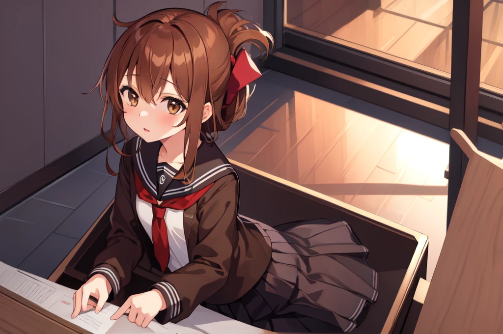 (masterpiece, best quality:1.2),illustration,8k,hd,1girl,solo,upper body,(portrait:1.2),brown_hair,folded_ponytail,brown_eyes,serafuku,long_hair,school_uniform,skirt,pleated_skirt,