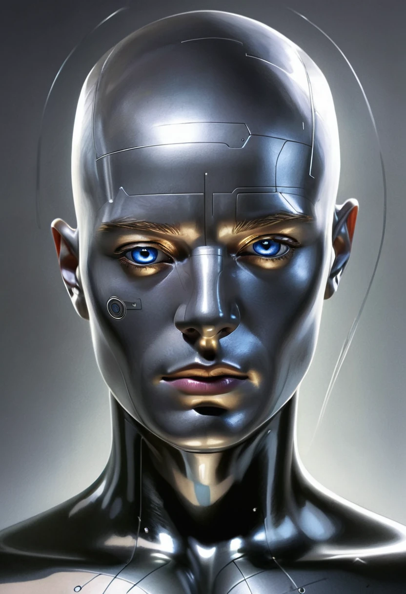 1 futuristic bald man, plano americano , Sin ningún rasgo facial, Parece que su rostro tiene líneas de algún tipo de textura, (imagen ntf), digital human