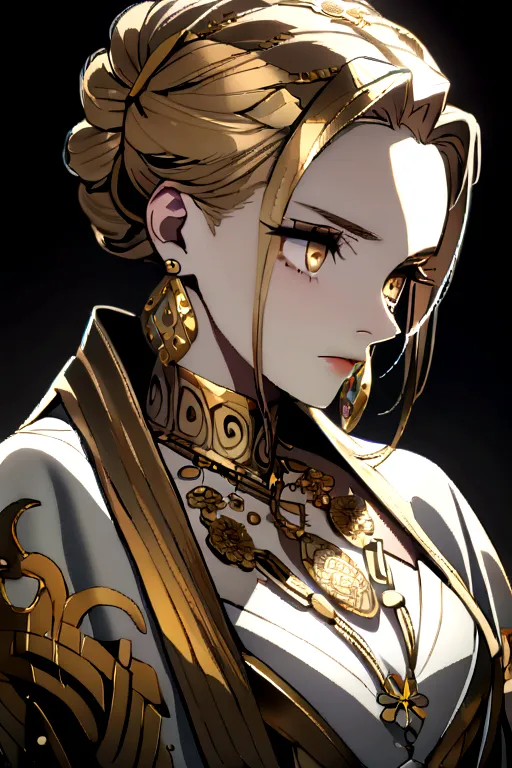 8k,masterpiece,a stunning anime-style portrait of a woman, dressed in a gold, flowing gown with intricate floral patterns. she h...