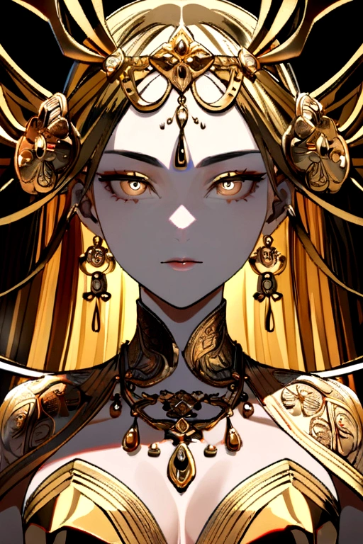 8k,masterpiece,A stunning anime-style portrait of a woman, dressed in a gold, flowing gown with intricate floral patterns. She has a serious, piercing gaze and is adorned with gold jewelry, including earrings and a necklace. The image has a dramatic, cinematic feel with the dark background, highlighting the woman's captivating presence, perfect face symmetry.