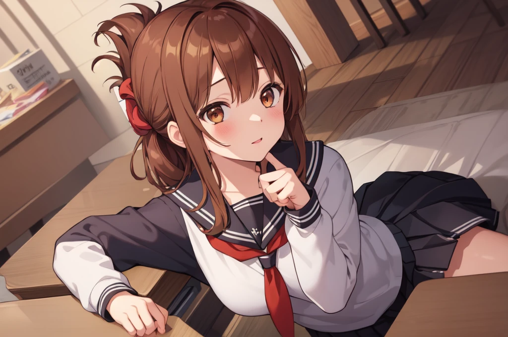 (masterpiece, best quality:1.2),illustration,8k,hd,1girl,solo,upper body,(portrait:1.2),brown_hair,folded_ponytail,brown_eyes,serafuku,long_hair,school_uniform,skirt,pleated_skirt,