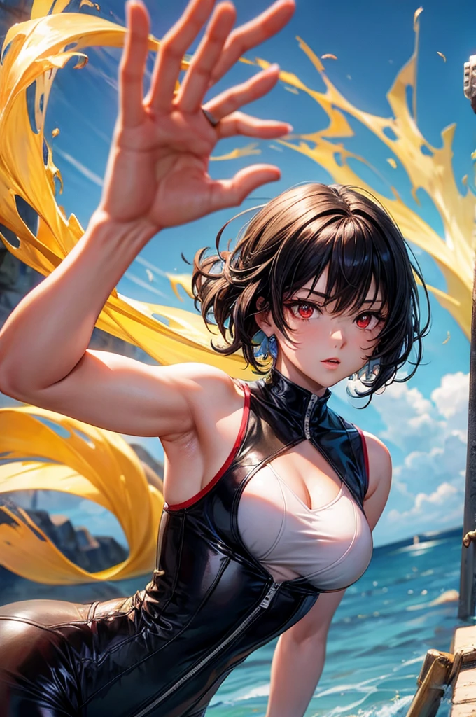 "Enjoy a visual feast as you witness the astonishing transformation of beautiful girl 20-year-old Saitama, a being of unparalleled strength and captivating aura. With brilliant short-cut black hair and red eyes penetrating, this energetic person will surprise you."