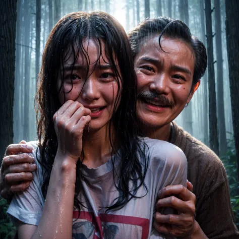 "a beautiful 17-year-old korean woman, crying, caught in the rain with wet clothes, wearing a t-shirt, wavy bob hair, being grab...