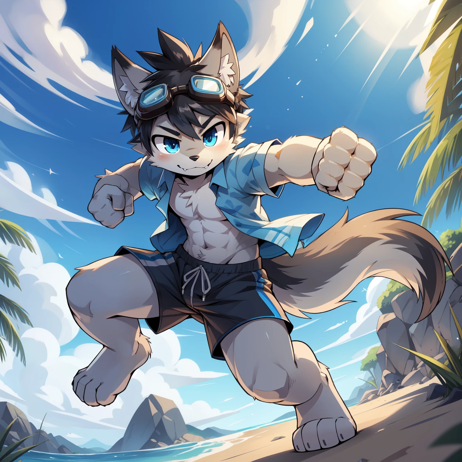 score_9,score_8_up,score_7_up, source_cartoon, source_furry, Furry shota, wolf, black hair, short spiky ponytail, blue eyes, detailed body fur, ((blue hawaiian shirt, open clothes, black swim trunks, goggles)), masterpiece, looking at you, fangs, clear grey body fur, detailed face, big eyebrows, detailed eyes, detailed body, detailed body fur, detailed hands, flat body, glistering body, shiny body, skinny, perfect lighting, perfect shadows, perfect eyes, perfect hair, perfect face, gorgeous body, solo, :3, beach, clear sky, feet towards viewer, from above, dynamic action shot, speed lines, motion blur, ((fight stance, jump, fist, punch, fist focus))