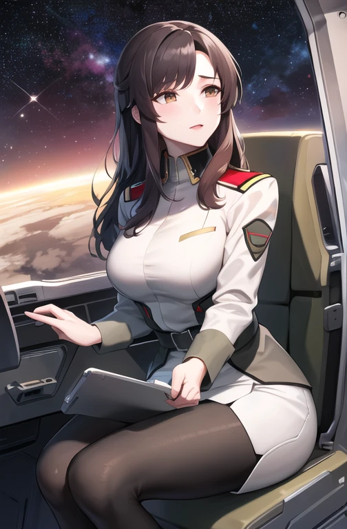 masterpiece, Highest quality, High resolution, Calm 1, One Woman, (black_pantyhose:1.1), military uniform, military, Compensate, White shirt,  White Skirt, Tight Skirt, Sitting, Upper Body, cockpit, space,Big 