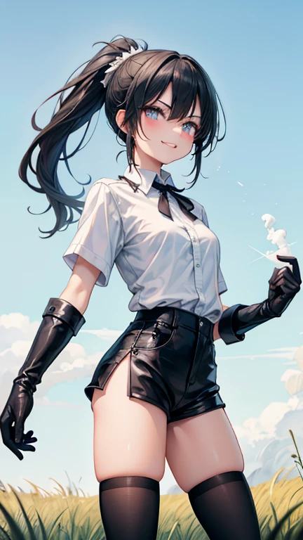 Adult features　ponytail　Slit eyes　laugh at　Glare　frivolous attitude　White shirt　Black hot pants　Black long gloves　Black knee socks　Standing with your legs apart　grassland