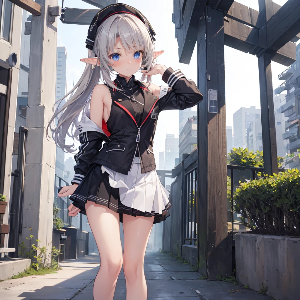 1girl:1.4, masterpiece, best quality, 8k, (highly detailed 3D rendering of a character named Ulc from SEGA's PSO2), elf-like female with pointed ears, (small gray woman's Garrison cap), (long straight dark red hair), (gray futuristic military-style uniform, including a fitted jacket with intricate white designs, shoulder epaulets, and a skirt), (annoyed, stupefied), (one hand near her ear as if she is communicating through a device), looking away, sunshine, (shiny skin)