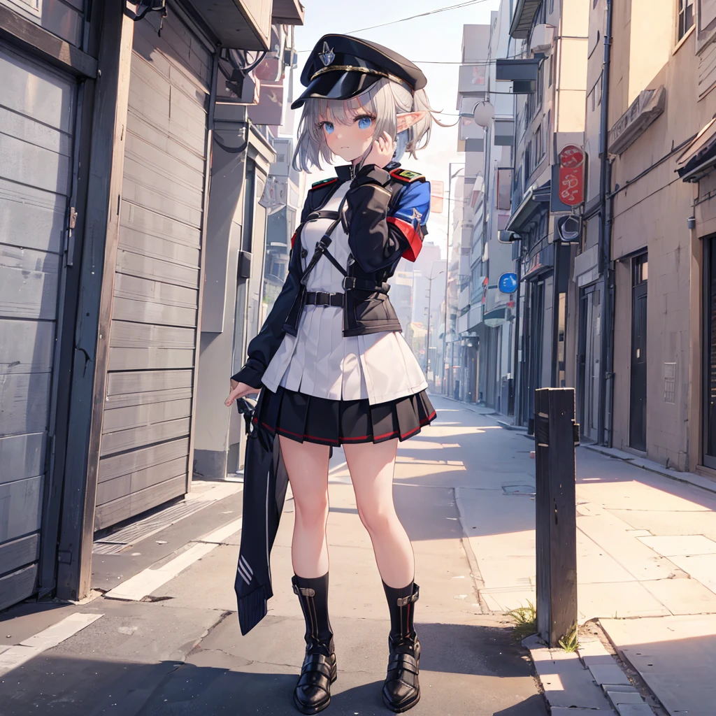 1girl:1.4, masterpiece, best quality, 8k, (highly detailed 3D rendering of a character named Ulc from SEGA's PSO2), elf-like female with pointed ears, (small gray woman's Garrison cap), (long straight dark red hair), (gray futuristic military-style uniform, including a fitted jacket with intricate white designs, shoulder epaulets, and a skirt), (annoyed, stupefied), (one hand near her ear as if she is communicating through a device), looking away, sunshine, (shiny skin)
