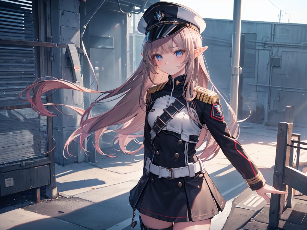 1girl:1.4, masterpiece, best quality, 8k, (highly detailed 3D rendering of a character named Ulc from SEGA's PSO2), elf-like female with pointed ears, (small gray woman's Garrison cap), (long straight dark red hair), (gray futuristic military-style uniform, including a fitted jacket with intricate white designs, shoulder epaulets, and a skirt), (annoyed, stupefied), (one hand near her ear as if she is communicating through a device), looking away, sunshine, (shiny skin)