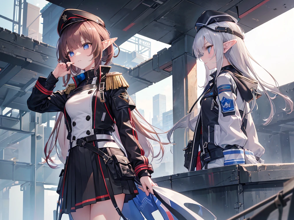 1girl:1.4, masterpiece, best quality, 8k, (highly detailed 3D rendering of a character named Ulc from SEGA's PSO2), elf-like female with pointed ears, (small gray woman's Garrison cap), (long straight dark red hair), (gray futuristic military-style uniform, including a fitted jacket with intricate white designs, shoulder epaulets, and a skirt), (annoyed, stupefied), (one hand near her ear as if she is communicating through a device), looking away, sunshine, (shiny skin)