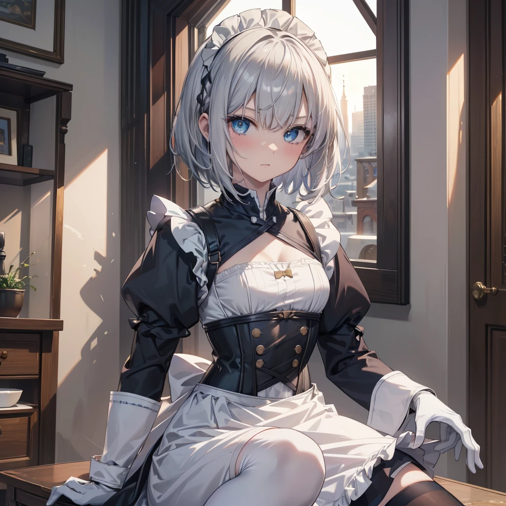 Illustration of one person, Dengeki Bunko, Woman Looking Back, Perfect Human Medicine, Woman keeps falling, {{{{{Maid clothes}}}}},Small Tits,anime, Two legs, Cool,{{{{{50 year old woman}}}}} ,{{{{{a person is depicted}}}}},(Official Art、{{{{{Upper Bodyアングル}}}}},Highest quality、Unity 8k wallpaper、32k、masterpiece、Ultra-detailed、Ultra-high resolution, Realistic、Grab your hair with your hands, Photorealistic:1.2)、(Cinema Lighting:1.2)、,Fire Glow Effect、The most grainy shadows on the film、Rim Light、Side light、Side Shot、(Ultra-detailedで複雑な3Dレンダリング)、Very short hair, Short wolf hair,細部までBeautiful Faceと目、Sharp pupils、Realistic生徒、Slender、Highly detailed background、Beautiful Face、Beautiful 16 year old girl、(Ultra-detailedなスキン、Detailed skin texture:1.Silver Hair:1.3)、Blunt bangs、blue eyes、{{{{{黒いMaid clothes}}}}}、White apron costume、Black knee socks、(Thighs Thighs Thighs Thighs:0.8)、Black Bhutanese sticks and a beautiful sunset、Medieval castle、Dancing on the Tower Roof、(avert your eyes、Overlooking the city:1.3)、Fantastic、Close your mouth and bite, Makes your face smaller, (Tabletop), Highest quality, Perfect Face, 1 Girl, alone, Eye color is light blue, Hair between the eyes, Very Short Hair, blue eyes, Silver Hair, Knee-high boots, corset,Black gloves, Long sleeve, Upper Body,