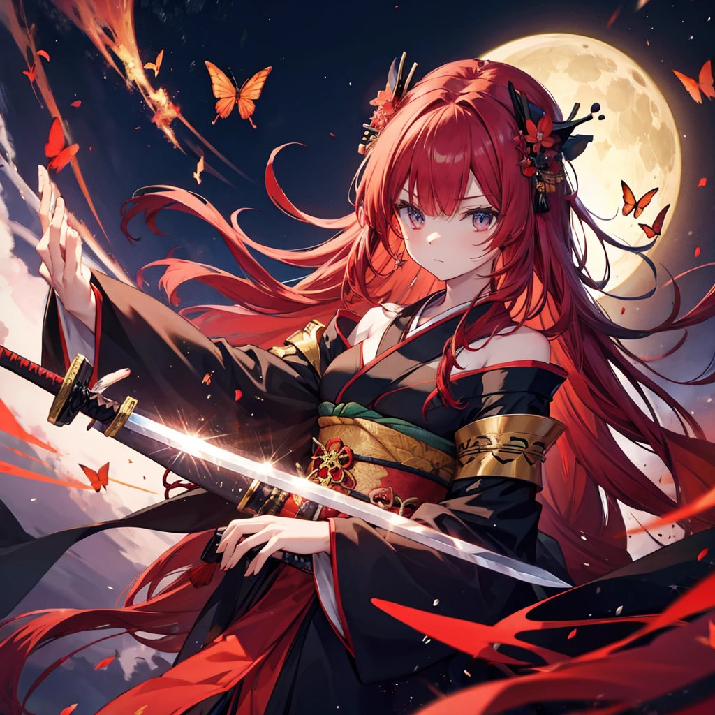 ((((Grasp the sword　1 person))))　(((Redhead　Long Hair　Black kimono　red band　Goddess of victory)))　((Red butterfly　night　Japanese style　shoulder　old))　(moon　star　autumn)　Shining Edge　Shining Background