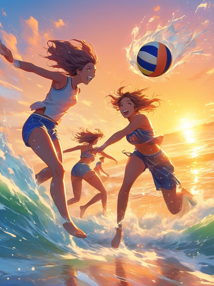 dünne Umrisse, Anime-Stil, cool und kantig, Eine Gruppe von Freunden an einem Strand, Volleyball spielen und in den Wellen planschen, die untergehende Sonne im Hintergrund wirft einen goldenen Schein über die Szene. froh, leuchtende Farben, dynamische Komposition, warmes Licht, Modeable, posiert, bunt, zuversichtlich, Ausdruck, Zubehörteil, aufgerollt, um, stilvoll, auffällig, modern, Mode