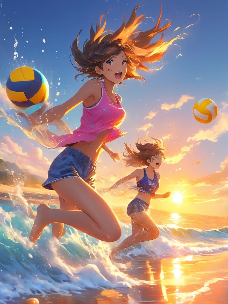 dünne Umrisse, Anime-Stil, cool und kantig, Eine Gruppe von Freunden an einem Strand, Volleyball spielen und in den Wellen planschen, die untergehende Sonne im Hintergrund wirft einen goldenen Schein über die Szene. froh, leuchtende Farben, dynamische Komposition, warmes Licht, Modeable, posiert, bunt, zuversichtlich, Ausdruck, Zubehörteil, aufgerollt, um, stilvoll, auffällig, modern, Mode