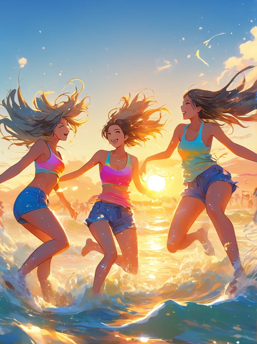 thin outlines, anime style, cool and edgy, A group of friends at a beach, playing volleyball and splashing in the waves, the sun setting in the background casting a golden glow over the scene. Joyful, vibrant colors, dynamic composition, warm lighting, fashionable, posing, colorful, confident, expression, accessory, coiled, around, stylish, striking, modern, fashion