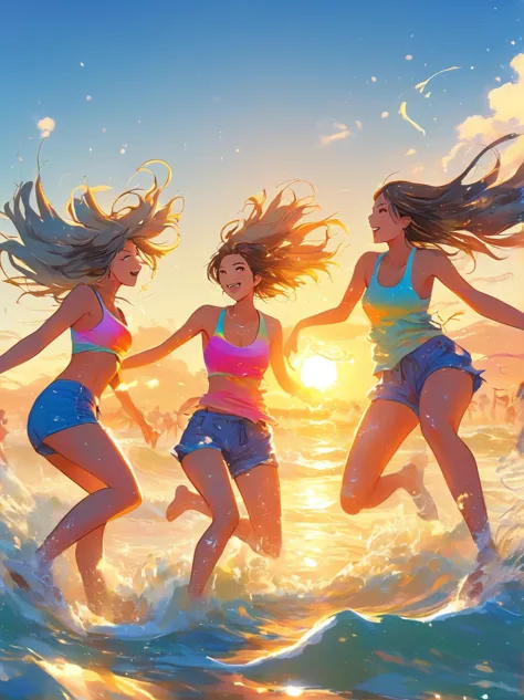 thin outlines, anime style, cool and edgy, A group of friends at a beach, playing volleyball and splashing in the waves, the sun...