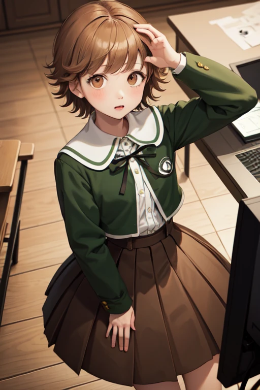 masterpiece, best quality, Chiho Fujisaki, Son of a Man, Green jacket, Ribbon, Brown Skirt, Knee-length, Upper Body, Looking at the audience, from above, Shy, computer lab 