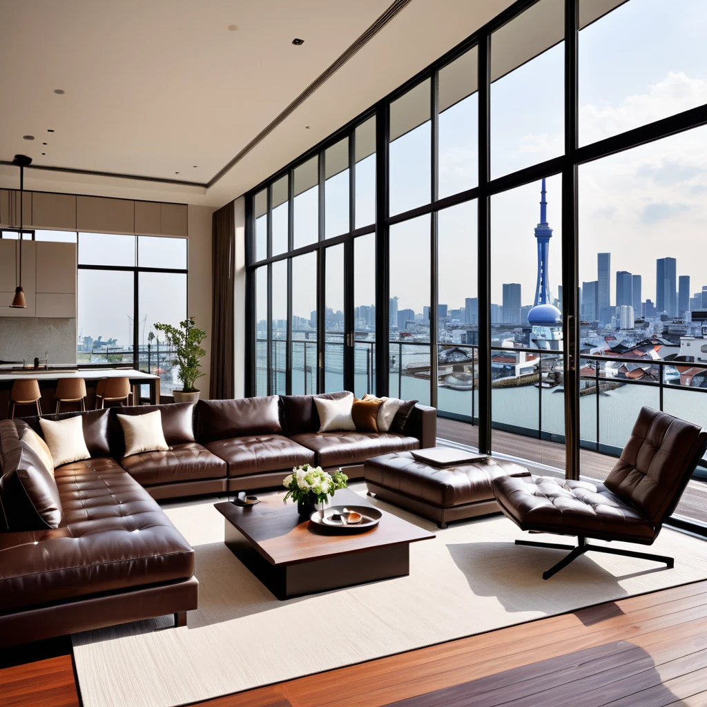 Design an elegant and contemporary living room。. With the city of Yokohama in the background。Make sure the space has plenty of natural light, bright, Airy, And a cozy atmosphere　I want to see what the house looks like from the outside.。Two-storey　Parking available　Appearance is black to dark brown