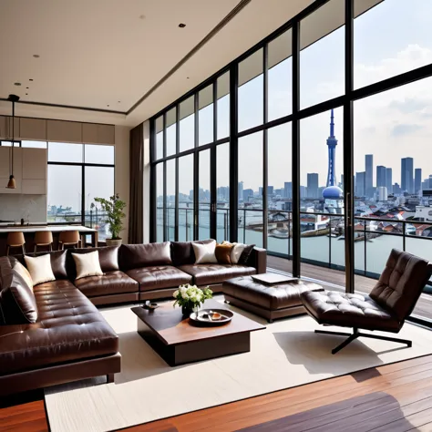 Design an elegant and contemporary living room。. With the city of Yokohama in the background。Make sure the space has plenty of n...