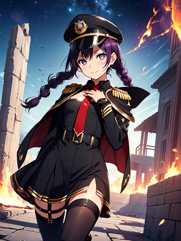 realisitic, City Deserted, Pile of rubble, Brick building, a one woman (1, far away blackw hair, far away slits, Eyes red, glare eyes, Exquisite face, standing (In floor, feet shoulder-width apart), Lolita style military uniform (blackw base, Red Insert, golden decoration, ruffles, wide sleeves, dainty and delicate detailing armors), blackw far away gloves (blackw, Red Insert, golden decoration, small hands, armors), blackw far away gloves, knee high boots (blackw, high-heels, red soles), ha (blackw, aba dourada, shield emblem, delicate details), arms in front, Front of belly, Holding military swords with both hands (blackw, golden decoration, delicate detail, Handle at the top, Ground-facing blade, in front of the body, far away), night sky (blackw, stars, Increased flames and smoke) Pale painting style, One Girl, super high quality, Super Detail, Super Detailed image, long hair, looking at viewer, skirt, shirt, hair ornament, violet eyes, gloves, round glasses, long sleeves, hat, closed mouth, jacket, violet hair, braid, open clothes, necktie, black gloves, black skirt, uniform, single braid, open jacket, black jacket, black headwear, Bracelet, Peaked cap, black necktie, cropped jacket, military hat, pantyhose, Flat Chest, smile, Black Cape