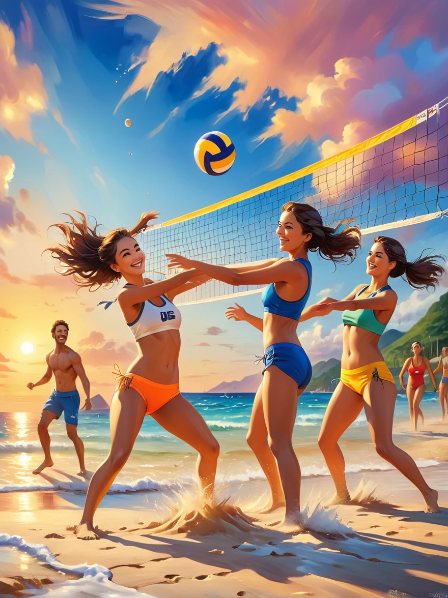 Un groupe de jeunes énergiques jouant au beach-volley，sur la plage，Océan，îles，coucher de soleil，Heure de grande écoute，nostalgie，mémoire，Tenue de sport，bonheur，sourire，(style de peinture à l&#39;huile，charmant，Couleurs vives), (Meilleure qualité，8k，haute résolution，chef-d&#39;œuvre)，ultra-détaillé