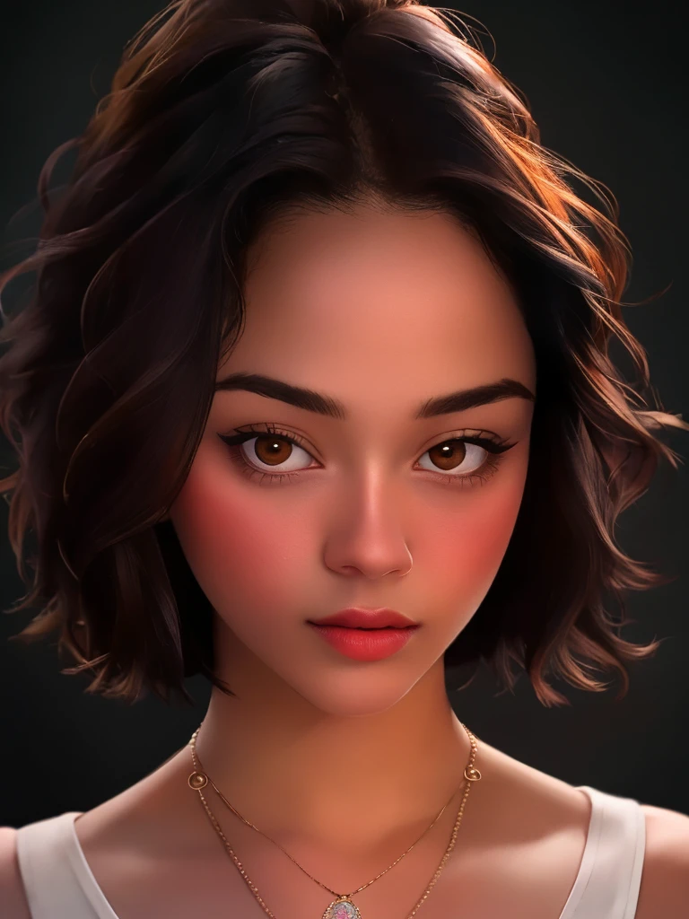 A beautiful 0l1v14c woman, 1girl,solo,looking at viewer,short hair,simple background,brown hair,brown eyes,jewelry,necklace,lips,portrait,realistic,soft lighting, professional Photography, Photorealistic, detailed, RAW, analog, sharp focus, 8k, HD, high quality, masterpiece