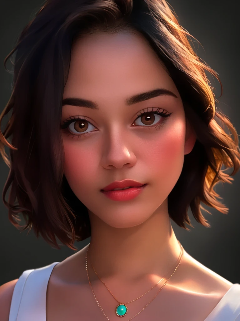 A beautiful 0l1v14c woman, 1girl,solo,looking at viewer,short hair,simple background,brown hair,brown eyes,jewelry,necklace,lips,portrait,realistic,soft lighting, professional Photography, Photorealistic, detailed, RAW, analog, sharp focus, 8k, HD, high quality, masterpiece