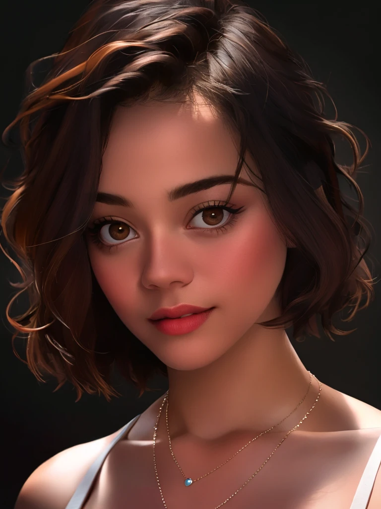 A beautiful 0l1v14c woman, 1girl,solo,looking at viewer,short hair,simple background,brown hair,brown eyes,jewelry,necklace,lips,portrait,realistic,soft lighting, professional Photography, Photorealistic, detailed, RAW, analog, sharp focus, 8k, HD, high quality, masterpiece