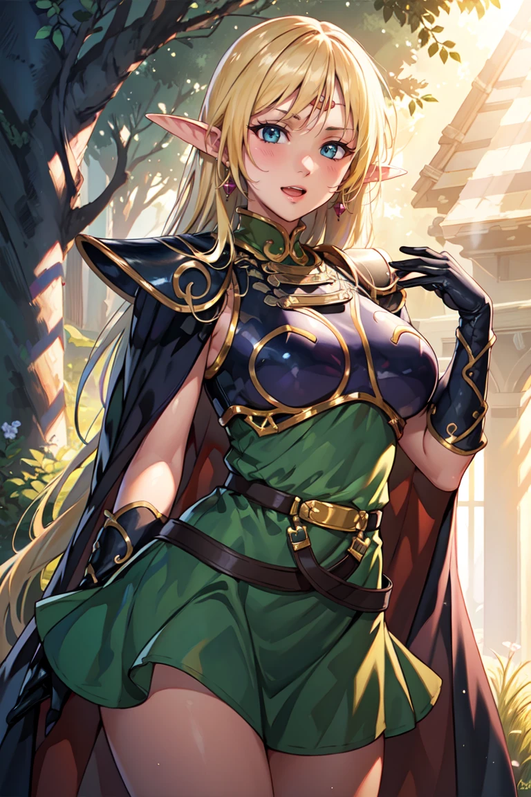 (extremely detailed fine touch:1.2), (natural light, sun light, light rays, dappled light, ray tracing:1.2), mature female , masterpiece, best quality, highly quality , 
pointy ears, blonde hair, long hair, elf, circlet, green eyes, long pointy ears, very long hair, breasts, medium breasts, earrings, lips, makeup, bangs,
cape, armor, blue cape, shoulder armor, pauldrons, gloves, breastplate, belt, green dress, short dress,
looking at viewer, blush, open mouth, standing,
