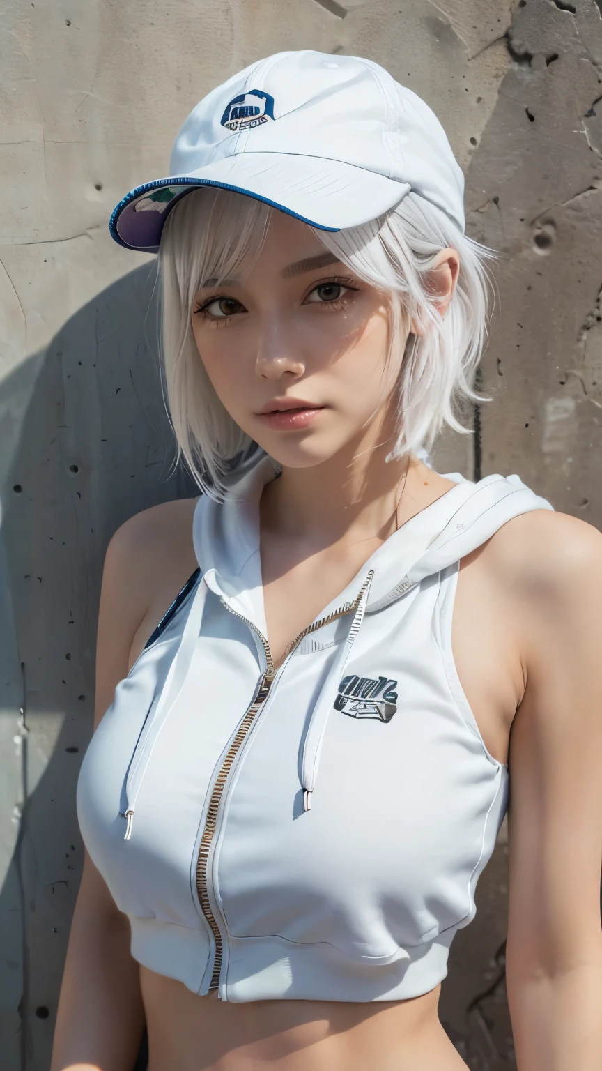 masterpiece, Highest quality, Very detailed, 8K, Realistic, One Girl, alone, Tomboy, Very detailed face, (head shot:1.5), Standing in front of a wall covered in hip hop graffiti, Pixie cut white hair, He is wearing a short tank top and an open-zipped hoodie..,I can see your chest,Nice ass,Wear a New Era cap,Facing forward