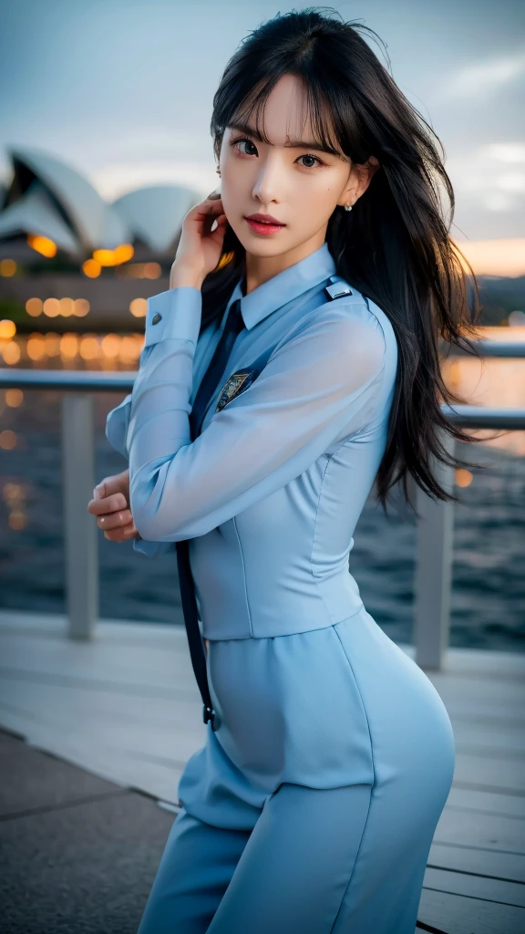 sexy police uniform, small breast, sexy pose, model pose, earring, sydney opera house, windy, hair flying, night, extremely detailed eyes, extremely detailed face, best quality, extremely detailed, one person, one girl, ultra-detailed, (realistic, photo-realistic:1.3)